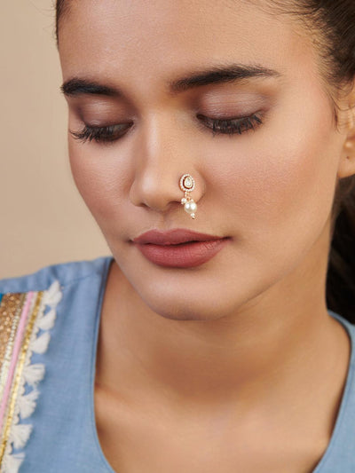 Buy Chinar Jewels Kundan Nose Ring Bridal Nathiya/Nath/Nathni/Nathaniya  Gold Plated in Ruby and Golden Color with Pearl and Chain Silver & Alloy  with 5.5 cm Diameter can be wore in for Girls